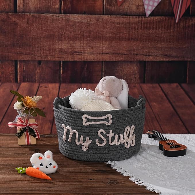 FKOG Hand Personalized Cotton Rope Storage Basket, Custom Pet Dog or Cat Name Basket Organizer, Pet Dog Gift Basket, Puppy Toy Bag (Black Pet Basket)