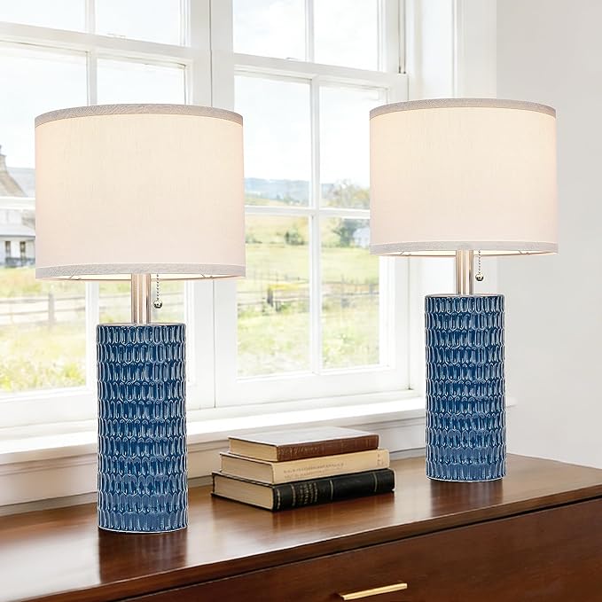 Reaketon Table Lamps for Living Room Set of 2, Ceramic Table Lamps for Bedroom, 20" Modern Lamps for Night Stands, Blue