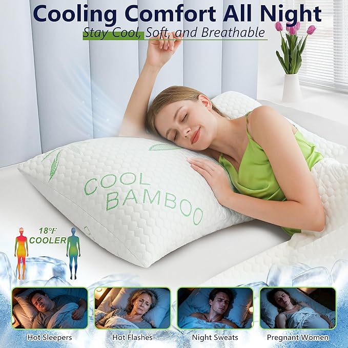 Shredded Memory Foam Pillow, Cooling Pillow Queen Size 1 Pack Adjustable Firm Bamboo Bed Pillow for Hot, Side, Back and Stomach Sleepers