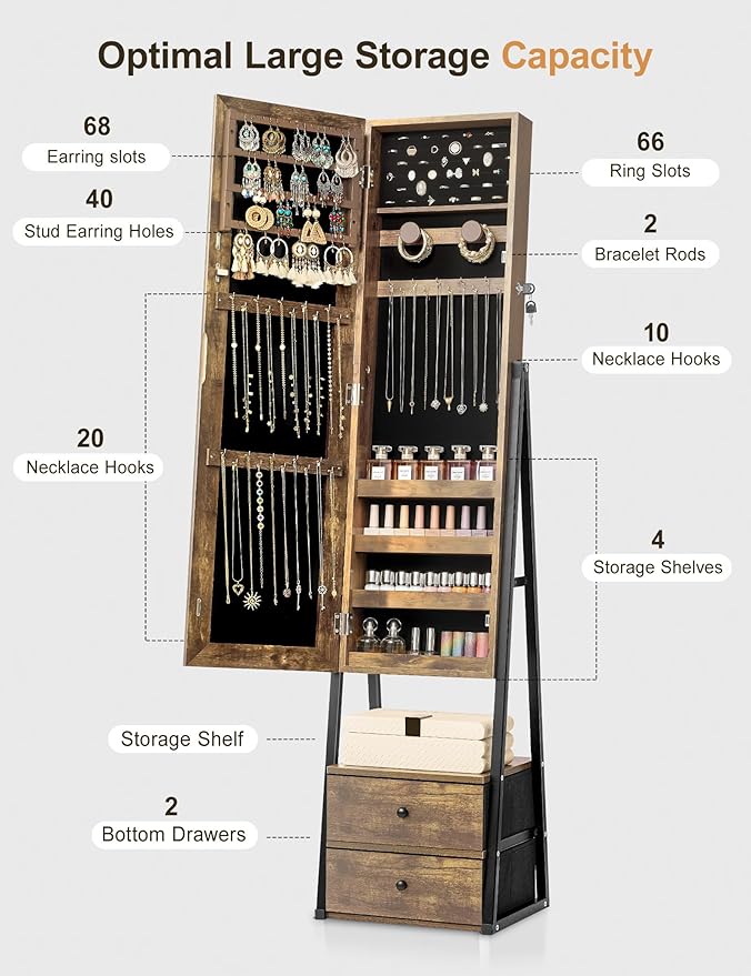 Nicetree Jewelry Cabinet Armoire with 2 Drawers, Lockable Standing Jewelry Mirror Cabinet, Full Length Mirror with Jewelry Storage, Rustic Brown