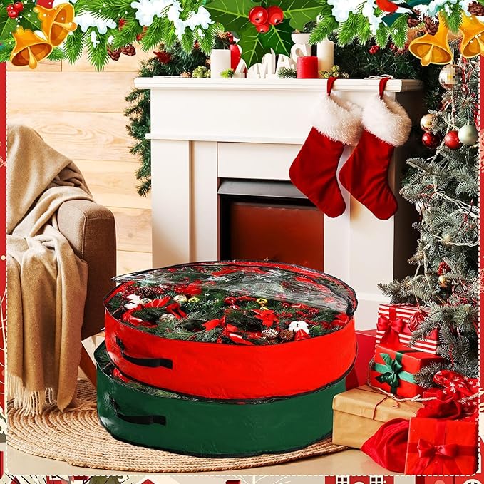 Aliceset 4 Pack Wreath Storage Containers, Ornament Garland Wreath Storage Bags with Handle Zipper Decorative Storages Box for Winter Valentine Wreaths(30 x 30 x 7.8 Inch,Red, Green)