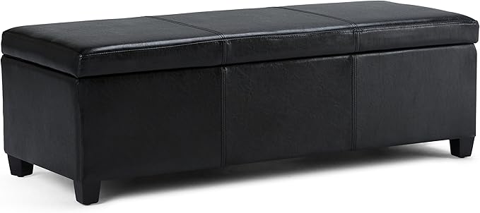 SIMPLIHOME Avalon Storage Ottoman Bench - 48" Wide x 16" High Upholstered Vegan Leather Rectangular Lift-Top Ottoman in Midnight Black, Contemporary Bench for Living Room with High-Density Foam