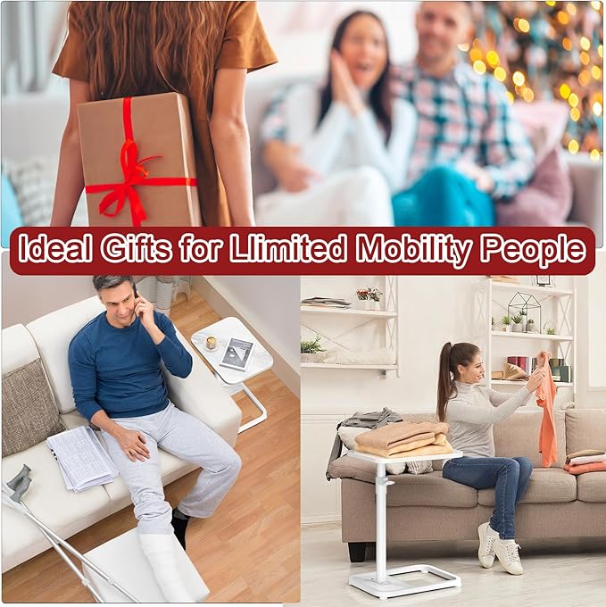 GOYLSER C Shaped Tv Trays Living Room End Table End Stand, White Marble Minimalist Wooden C Table for Sofa, Height Adjustable Tv Tray Tables Side Table for Dinner Eating