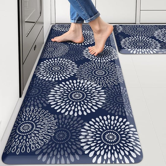 LuxStep Kitchen Mats for Floor,0.47 inch Thicker Cushioned Rug Anti-Fatigue Mats for Kitchen Decor Accessories,Waterproof Non-Slip Mats and Rugs Set for Office,Laundry 17.3"×29"+17.3"×47",Blue