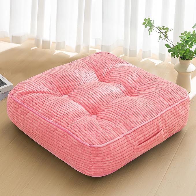 HIGOGOGO 6" Extra Thick Floor Pillow Cushion for Adults, Meditation Cushion Pillow, Large Square Floor Sitting, Tufted Corduroy Cover, for Tatami Living Room or Yoga, 22x22 Inch, Pink