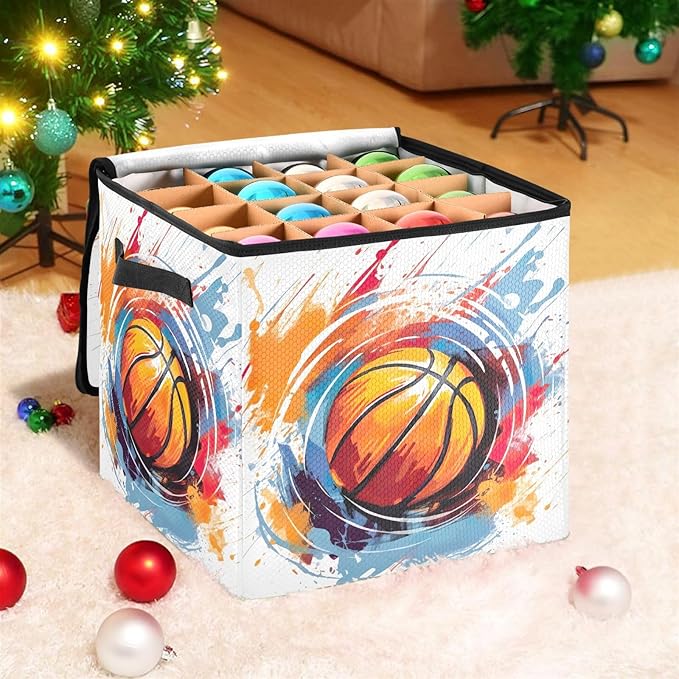 Kigai Basketball Painting Christmas Ornament Storage Box with Zipper & Adjustable Dividers Holiday Ornament Organizer Xmas Storage Container, 64 Balls