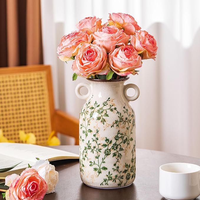 for Mom from Daughter or Son, Vintage Pastoral Ceramic Vase with Handles 9.1”, Green & Beige Chinoiserie Floral Vase, Rustic Farmhouse Decor for Living Room, Kitchen, Bedroom