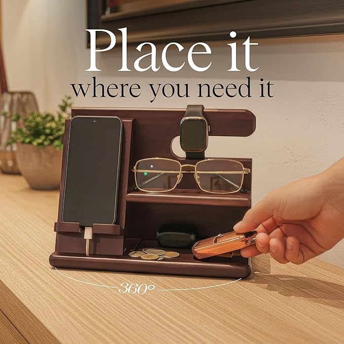 Wood Phone Docking Station for Men - 360° Rotating Nightstand Organizer with Rotating base, Charging Slot, Holds watch, Wallet, Keys, Eyewear - Birthday Gifts for Men & Women, Bedroom or Office Use, Dark Brown