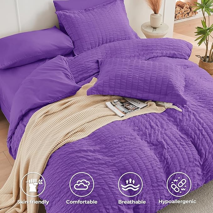 HYMOKEGE Bright Purple Full Size Comforter Sets Seersucker 7 Pieces, All Season Luxury Bed in a Bag for Bedroom, Bedding Set with Comforter, Sheets, Pillowcases & Shams