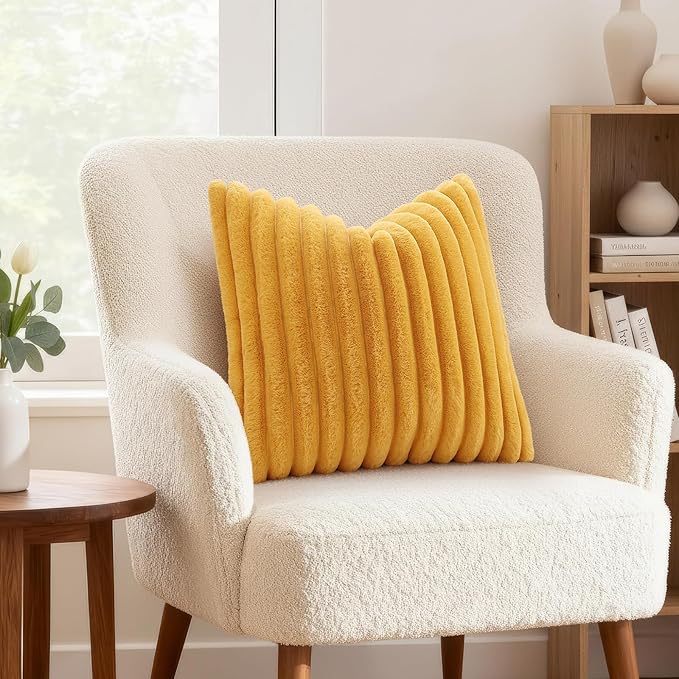 decorUhome Summer Cozy Faux Fur Throw Pillow Covers 26x26 Set of 2 Decorative Plush Striped Modern Farmhouse Boho Couch Euro Sham Pillow Cases with Velvet Back for Sofa Bed Living Room, Mustard Yellow