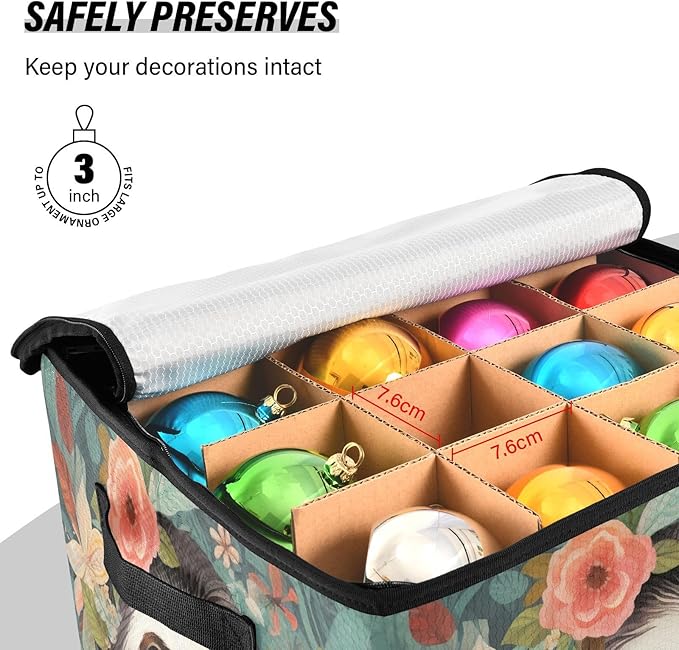 Kigai Sloth Christmas Ornament Storage Box with Zipper & Adjustable Dividers Holiday Ornament Organizer Xmas Storage Container, 64 Balls