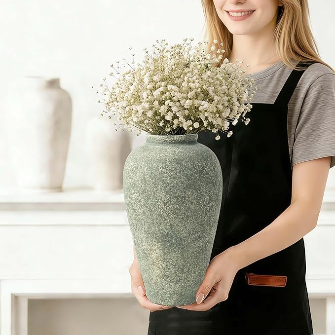 Green Ceramic Vase 11 Inch, Large Tall Decorative Vase for Centerpieces, Farmhouse Rustic Flower Vase for Home Decor, Living Room, Console, Wedding
