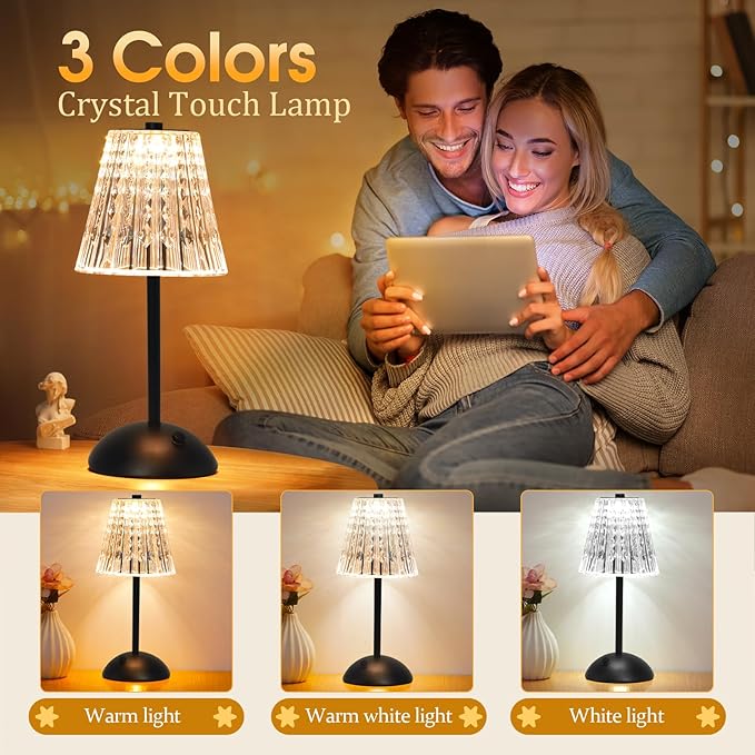 Nusogon Cordless Touch Table Lamp, 3500mAh Rechargeable Small Dask Lamp, 3 Colors Dimmable Battery Operated Crysta Lamp for Bedroom Restaurant Kitchen Home Decor, Black, 2pcs