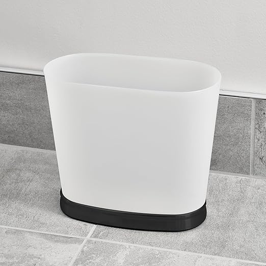 iDesign Slim Bathroom Trash Can, Small Plastic Garbage Can for Bedroom, Office, Desk, or Dorm, Frost/Matte Black
