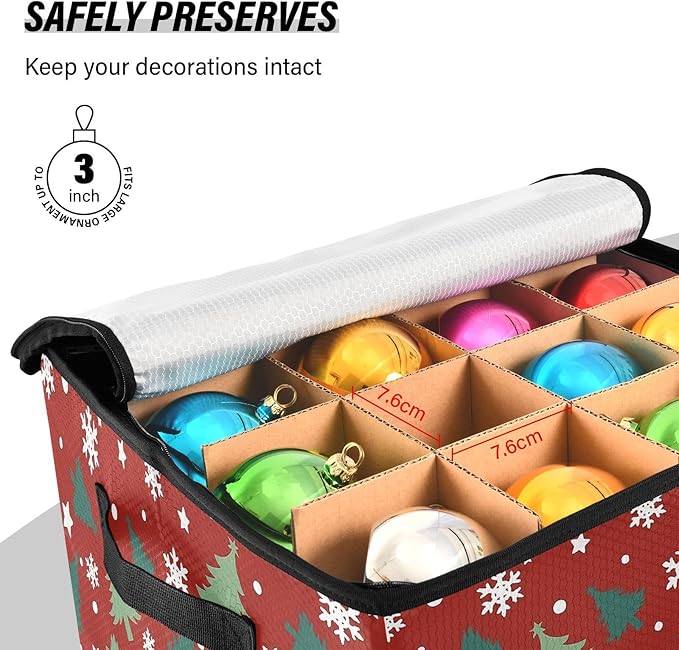 Snowflake Christmas Ornament Storage Basket Box Red Buffalo Plaid Winter Holiday Storage Container Cube with Adjustable Dividers for 64 Holiday Ornaments or Decorations Keeps Clean and Dry