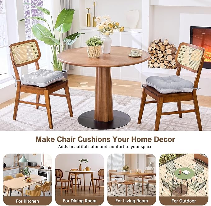 BETU Chair Cushions for Dining Chairs Set of 6,3.5" Thick Kitchen Table Chair Pads with Ties,Non Slip Backing and Covers, Seat Cushion for Dining Room,Bar,Patio Chairs,16"X16"X3.5",Light Grey