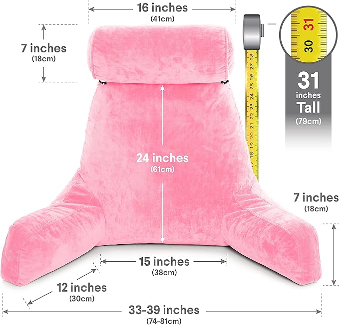 Husband Pillow XXL The Original for Adults - 30" Tall Backrest for Sitting Up in Bed - Firm Support Reading & Bed Rest Pillows for Adults, Neck Roll, Removable Cover - TV - Pink
