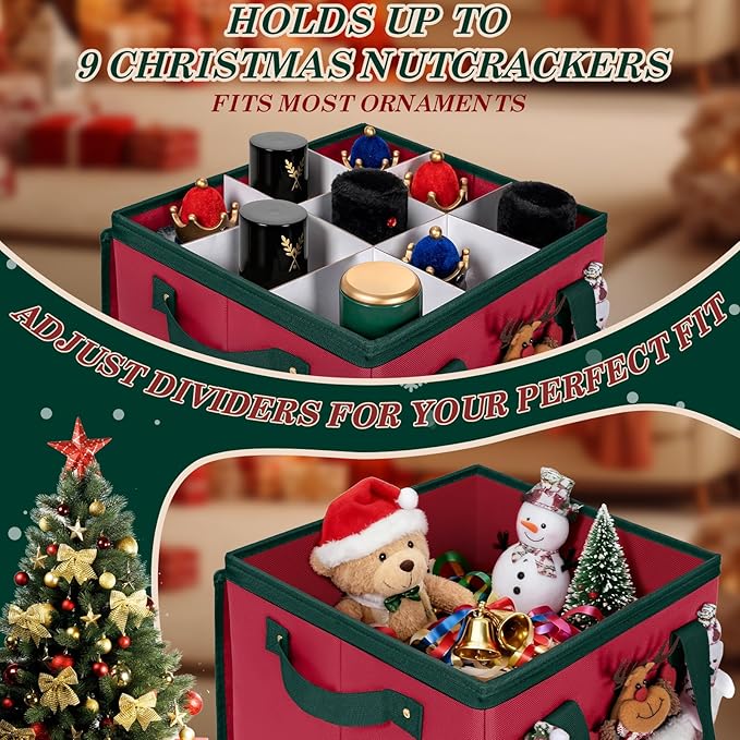 Christmas Nutcracker and Figurine Collectible Storage Box Stores Up to 9 16" Nutcrackers Holiday Ornaments Storage Box with Adjustable Dividers Zippered Top Xmas Decorations Storage Containers