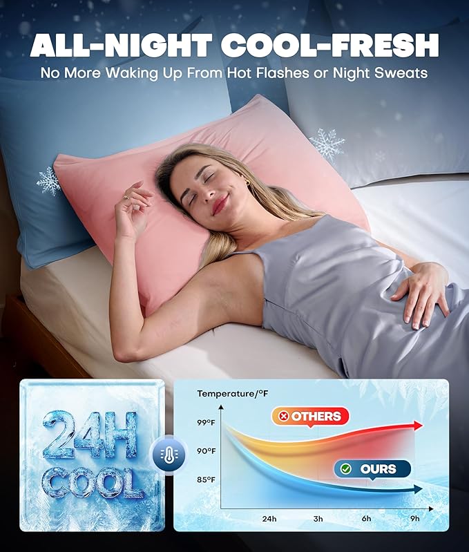 Ultra-Chill Cooling Pillowcase Set of 2 for Hot Sleepers, Softer Than Silk Pillow Cases for Protecting Hair & Skin, Breathable Bed Pillow Covers w/Zipper, Gifts for Women Men (Pink, Standard)