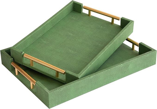 Decorative Tray Set of 2, Green Shagreen Leather Tray, Modern Elegant Rectangle Serving Trays with Gold Polished Metal Handles, Ottoman Trays Coffee Table Perfume Kitchen Home Decor
