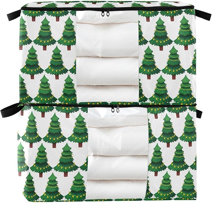 Burbuja Christmas Tree Clothes Storage Bag with Lids and Handle, 2 Pack Foldable Blanket Storage Container with Sturdy Zipper & Clear Window for Bedroom Closet, 60L