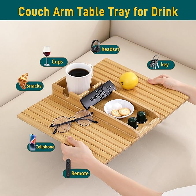 Bamboo Couch Cup Holder Arm Tray Table，Foldable Couch Drink Holder Armrest Table，Sofa Arm Rest Tray，Flexible Arm Chair Table Tray Recliners for Drink,Cups, Snacks, Phone, Remote (Bamboo)