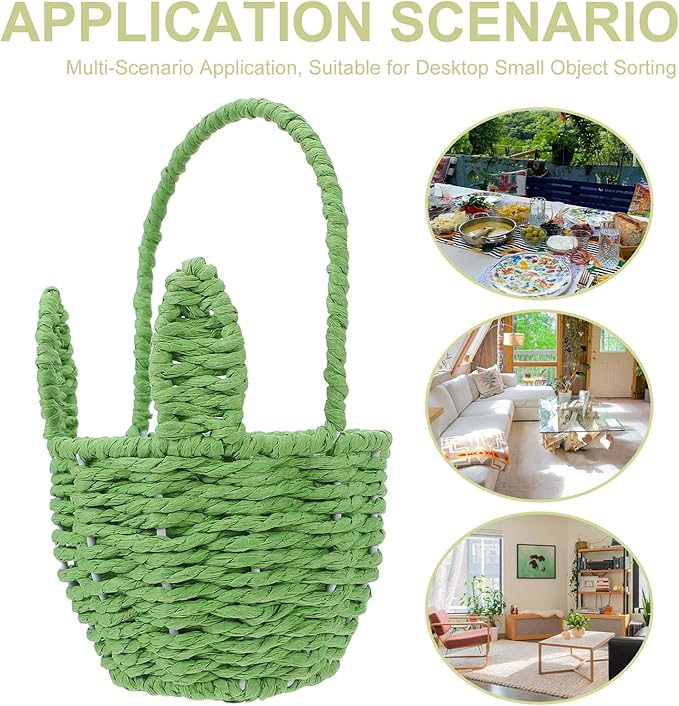 LOGOFUN Handwoven Paper Rope Bunny Ears Basket for Easter Egg Hunt Party Decoration and Candy Storage 8.2x4.9x3.3inches Green