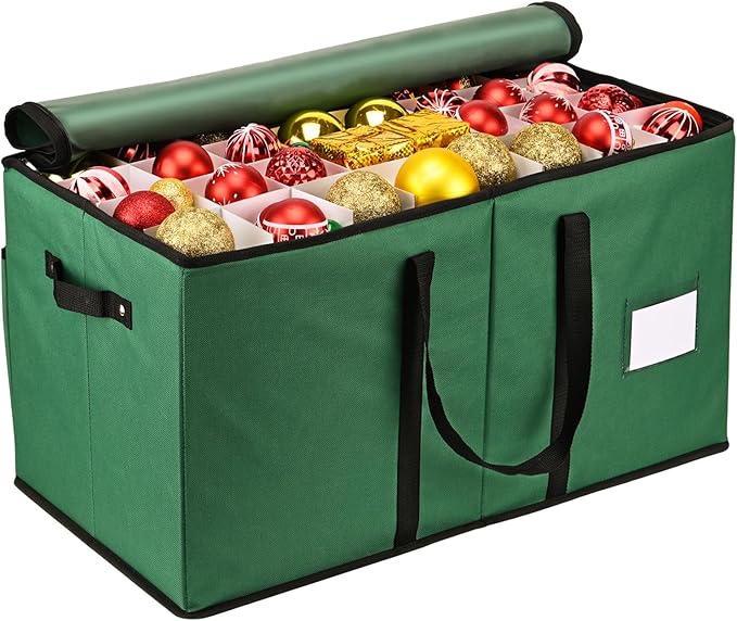 Christmas Ornament Storage Box, Mrrihand Xmas Decoration Organizer with Adjustable Dividers - Storage Container Keeps 128 Holiday Ornaments 3-Inch, Dual Zipper Closure, 600D Tear-Proof Material(Green)