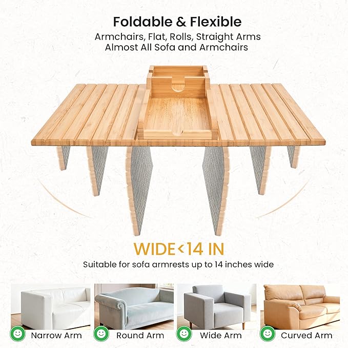 GEHE Couch Cup Holder, Anti Falling Sofa Arm Tray, Natural Bamboo Sofa Cup Holder More Safe for You Family, Portable Couch Arm Tray Armrest Table for Remote, Snacks, Phone, Drinks