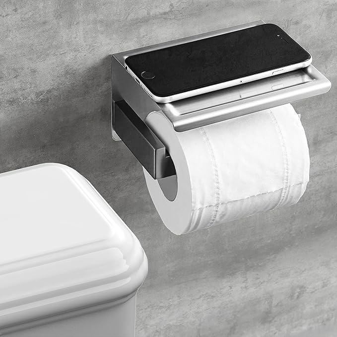 HITSLAM Brushed Nickel Silver Toilet Paper Holder, Stick on Silver Toilet Paper Holder with Shelf, Self Adhesive No Drill or Wall-Mount with Screws for Bathroom