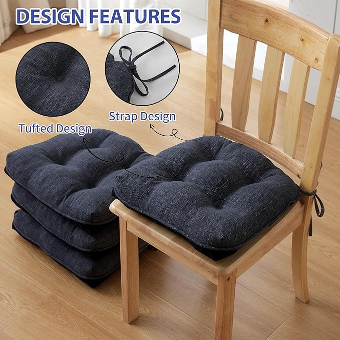 IPYNBAP Chair Cushions for Dining Chairs Set of 4, Kitchen Chair Cushions, Chair Pads with Ties and Non Slip Backing, Tufted Memory Foam Seat Cushion 4 Pack, 18" x 18" x 4", Navy Blue
