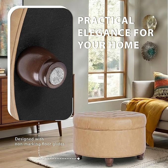 Homepop Home Decor | Button Tufted Faux Leather Round Storage Ottoman | Ottoman with Storage for Living Room & Bedroom (Sand Faux Leather)