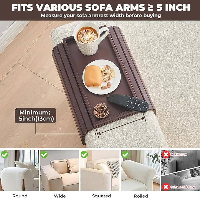 LOVYANXUE Bamboo Sofa Arm Tray, Anti Falling Couch Arm Tray Table, Foldable Couch Armrest Table, Portable Sofa Armrest Trays Cup Holder for Drink, Cups, Phone, Snacks, Remote