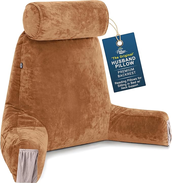 Husband Pillow Medium Reading Pillow with Arms - 23" Backrest for Sitting Up in Bed - Firm Support Bed Rest Pillow for Adults, Neck Roll, Removable Cover - TV, Reading, Lounging - Tan