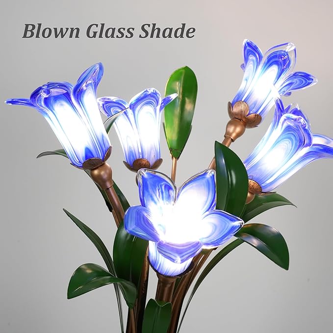 Skyblaze Classic Style Table Lamp with Flower Glass Shade, Elegant Flower Night Light, Art Deco Accent Table Lamp for Bedroom Living Room (Blue, 5 Lights)