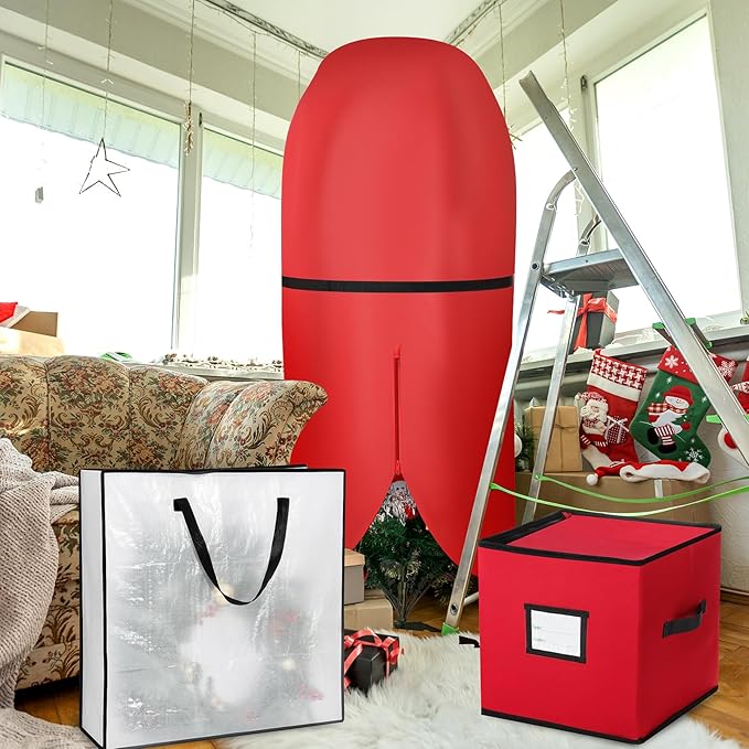 SATINIOR 6 Pcs Upright Christmas Tree Storage Bag Set 9 Ft Christmas Tree Storage Bag 26" Xmas Wreath Containers 11.8" Ornament Bags with Dividers Hold 64 Balls for Artificial Trees Garland(Red)
