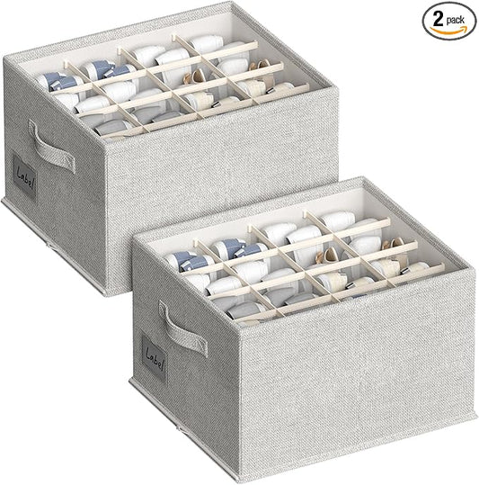 2 Pack Shoe Organizer for Closet, Fits 16-32 Pairs Fabric Shoe Storage Bins Large Shoe Box Storage Containers with Bottom Support for Shoes Space Saving Shoes Holder (Light grey, 19.7*15.7*11.8in)