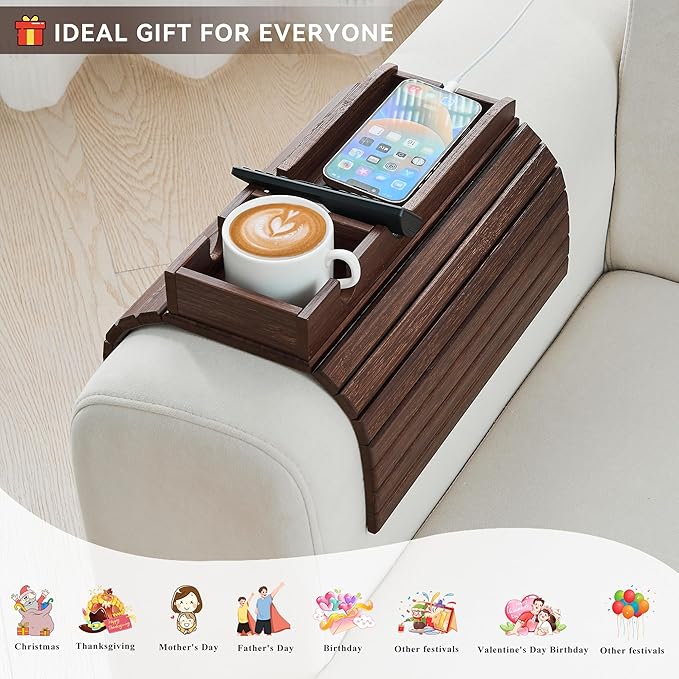 GEHE Bamboo Couch Cup Holder, Anti-Spill Sofa Arm Tray, Natural and Easy to Clean Couch Arm Cup Holder Armrest Tray Perfect for Cups, Beers, Snacks, Remote Control, Drinks