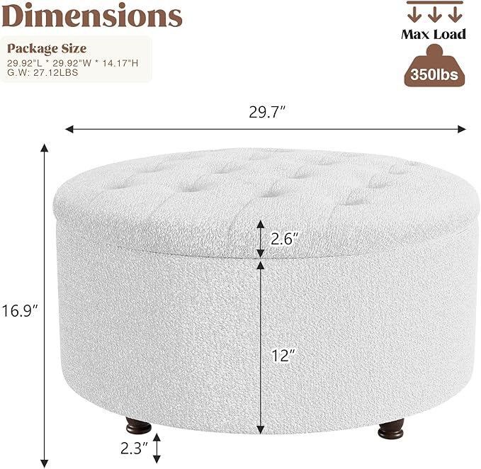 30 Inch Round Storage Ottoman,Modern Tufted Ottomans,Circular Coffee Table with Removable Top,Upholstered Large Ottoman with Storage Footrest Stool for Bedroom Living Room (Teddy White)