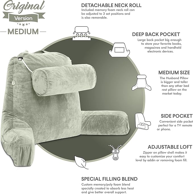 Husband Pillow Medium Reading Pillow with Arms - 23" Backrest for Sitting Up in Bed - Firm Support Bed Rest Pillow for Adults, Neck Roll, Removable Cover - TV, Reading, Lounging - Desert Sage