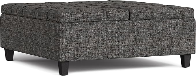 SIMPLIHOME Harrison Large Coffee Table Storage Ottoman - 40 inch Wide Upholstered Tweed Look Fabric Square Lift-Top Ottoman in Ebony, Transitional Bench for Living Room with Sturdy Base