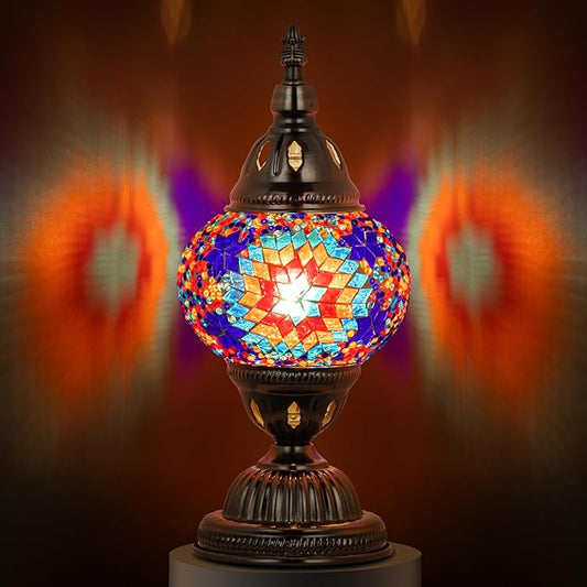 Marrakech Stained Glass Lamp Moroccan Lamps with Tiffany Style, Handmade Turkish Mosaic Lamps with Bronze Base Including LED Bulb for Living Room Bedroom Decor (Colorful2)
