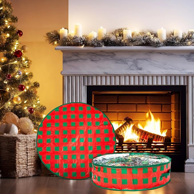 Aliceset 4 Pack Wreath Storage Containers, Ornament Garland Wreath Storage Bags with Handle Zipper Decorative Storages Box for Winter Valentine Wreaths(24 x 24 x 7.8 Inch,Red Green Plaid)