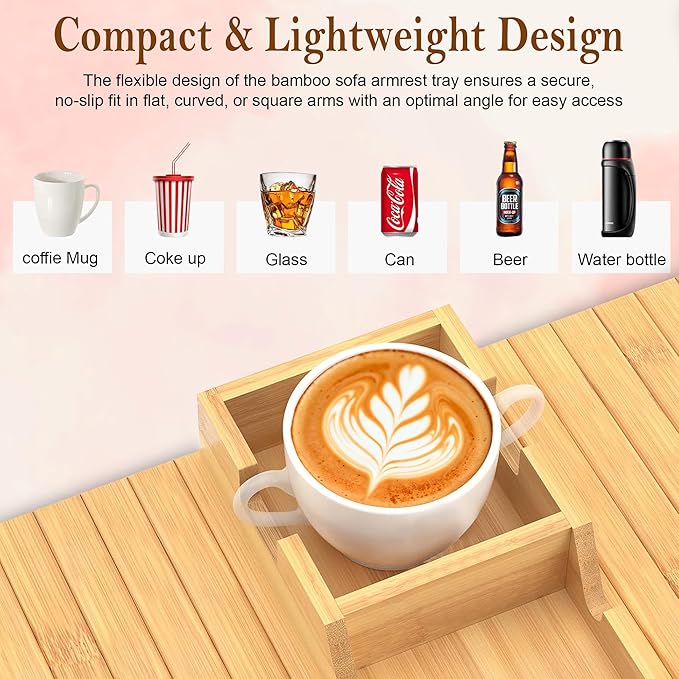 Adjustable 2-in-1 Sofa Cup Holder Tray (Fits 4.5” to 14” Arms) - Foldable Bamboo Couch Caddy with Cup Holder Drink Organizer - Detachable Armchair Caddy with Sofa Arm Tray for Phone Remote Snack.