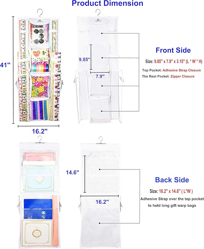 Freegrace Double-Sided Hanging Gift Wrap Organizer - Large 16 x 41 Inch Wrapping Paper Storage Bag - Tearproof 600D Oxford Closet Gift Bag & Ribbon Organization Storage Caddy, White