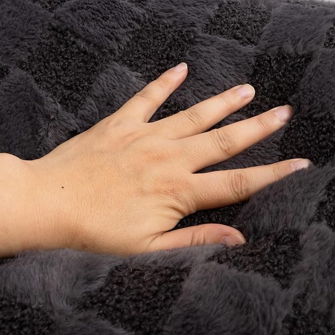 A Nice Night Faux Fur Reading Pillow,Checkered Fluffy Grid Plaid,Bed Wedge Pillow Large Adult Children Backrest with Arms for Bedrest,Darkgrey