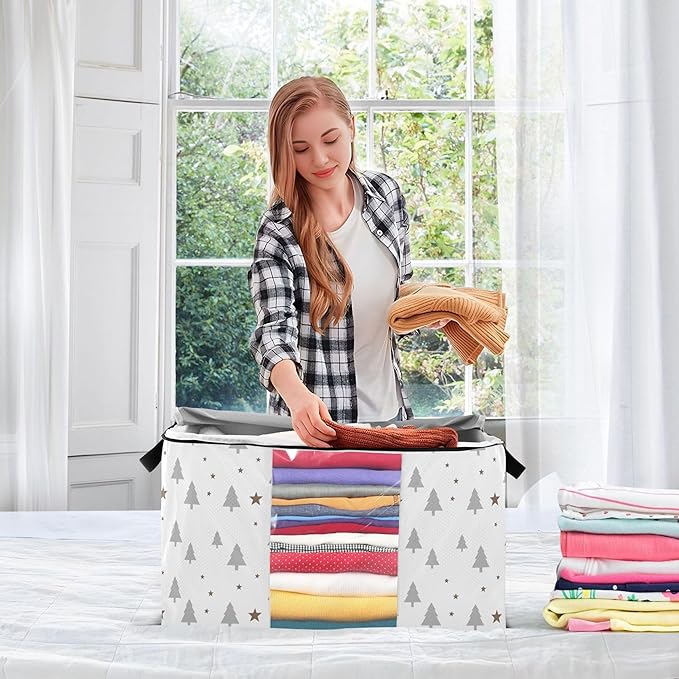 Burbuja Christmas Tree Clothes Storage Bag with Lids and Handle, 2 Pack Foldable Blanket Storage Container with Sturdy Zipper & Clear Window for Bedroom Closet, 60L