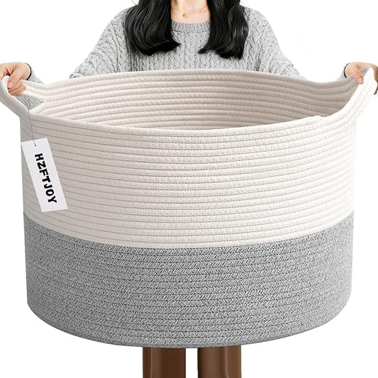 65L Large Woven Cotton Rope Blanket Basket with Handles, Laundry Hamper Storage Bin for Pillows, Comforters,Clothes, Bedroom and Living Room Organization,White&Grey