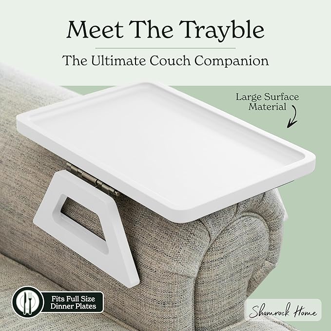 Shamrock Home Bamboo Trayble Couch Arm Table, Clip On Tray Sofa Table for Couches. Sofa Arm Tray, Armchair Table for TV Dinners, Remotes, Drinks and Snacks - 13.75 x 9.5inch, White