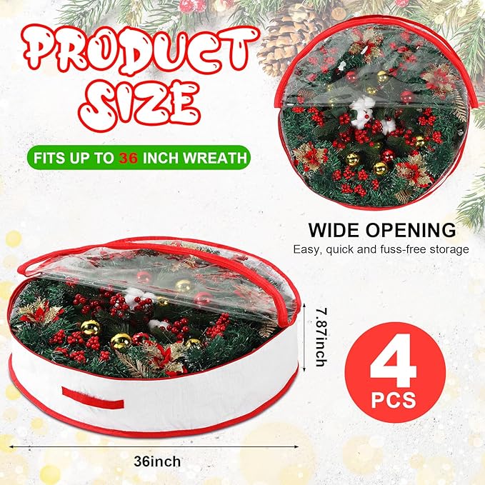 Aliceset 4 Pack Wreath Storage Containers, Ornament Garland Wreath Storage Bags with Handle Zipper Decorative Storages Box for Winter Valentine Wreaths(36 x 36 x 7.8 Inch,White)